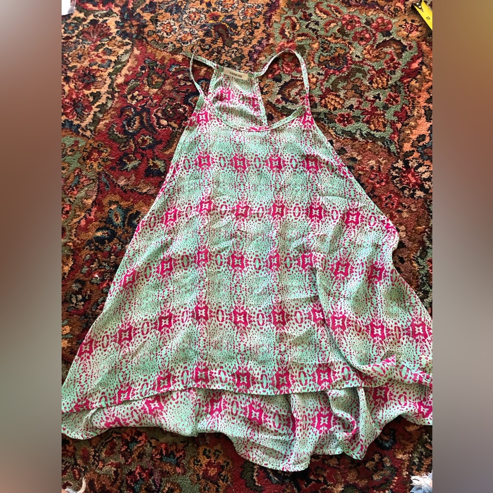 High neckline teal and pink flowy top by Cherish